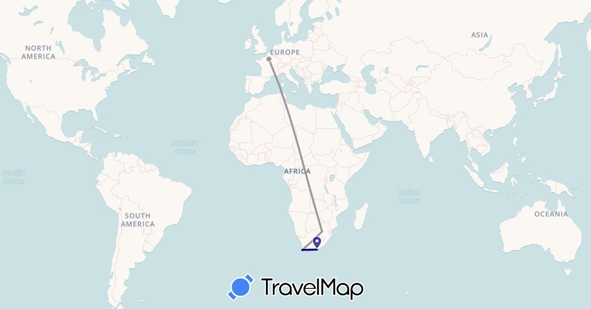 TravelMap itinerary: driving, plane in France, South Africa (Africa, Europe)